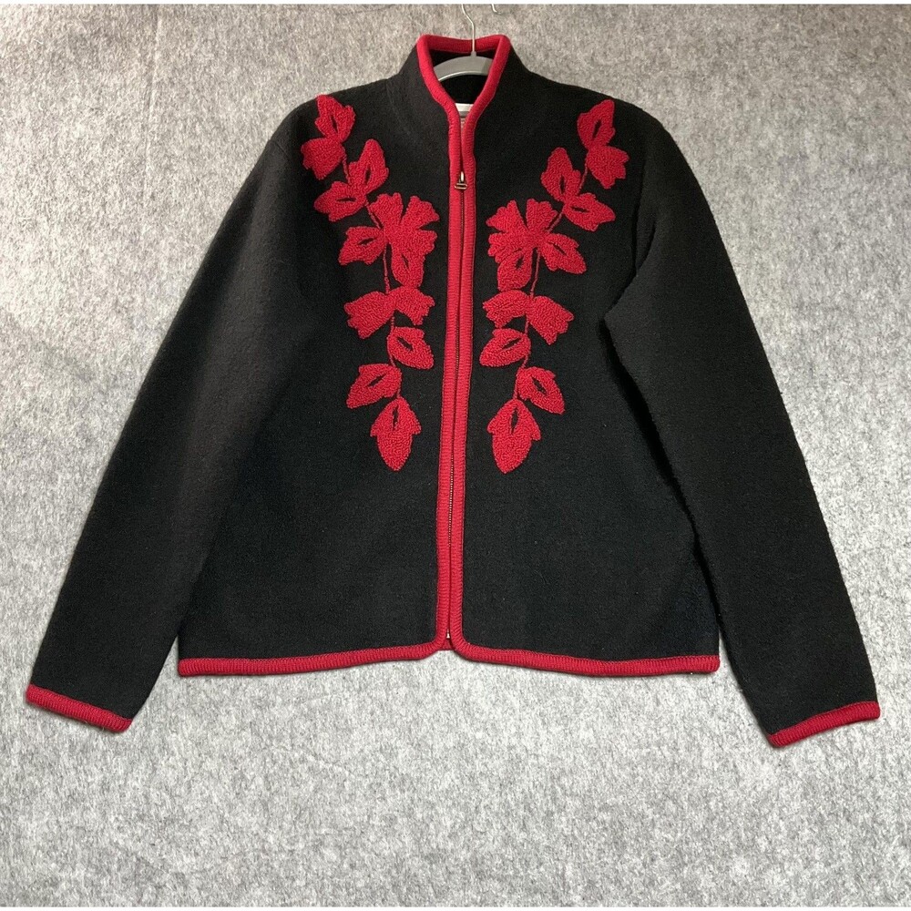Coldwater Creek Sweater Womens Medium Black Red Floral Full Zip Mock Neck Wool *